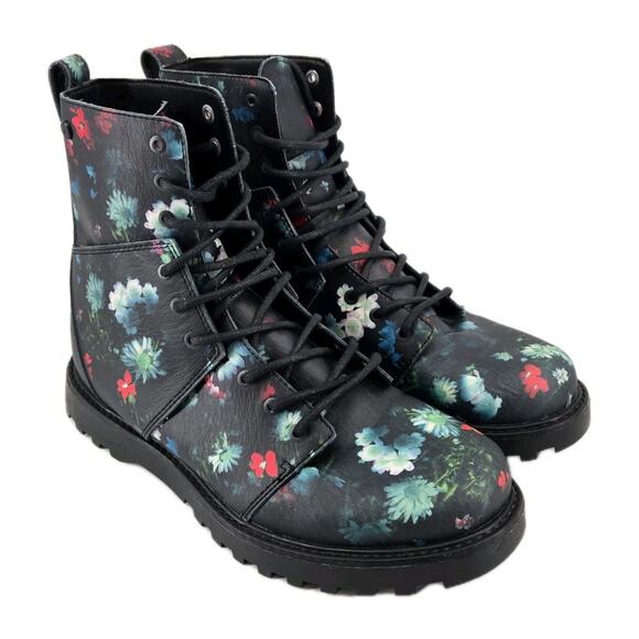Whimsygoth Combat Volcom Go Figure Floral Lace Up Faux Leather Boots Shoes Sz 7 - Picture 1 of 14